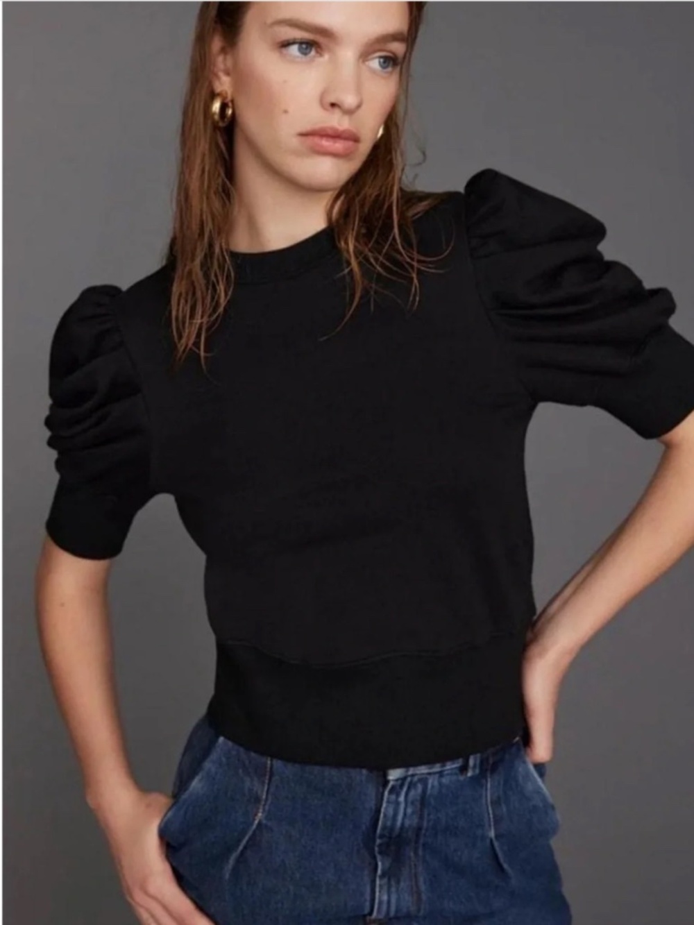 SOLDOUT NYC Just Enough Puff Short-Sleeve Cotton Sweatshirt in Black EUC/sz 4